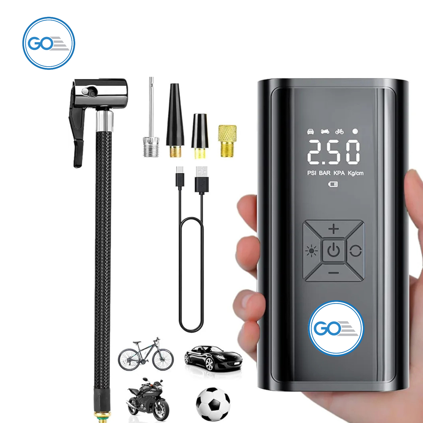 GO Regency Cordless Tyre Inflator 150 PSI | Rechargeable Air Pump with 4500mAh Battery, 120W Power, Digital Display, Power Bank, Portable Air Compressor