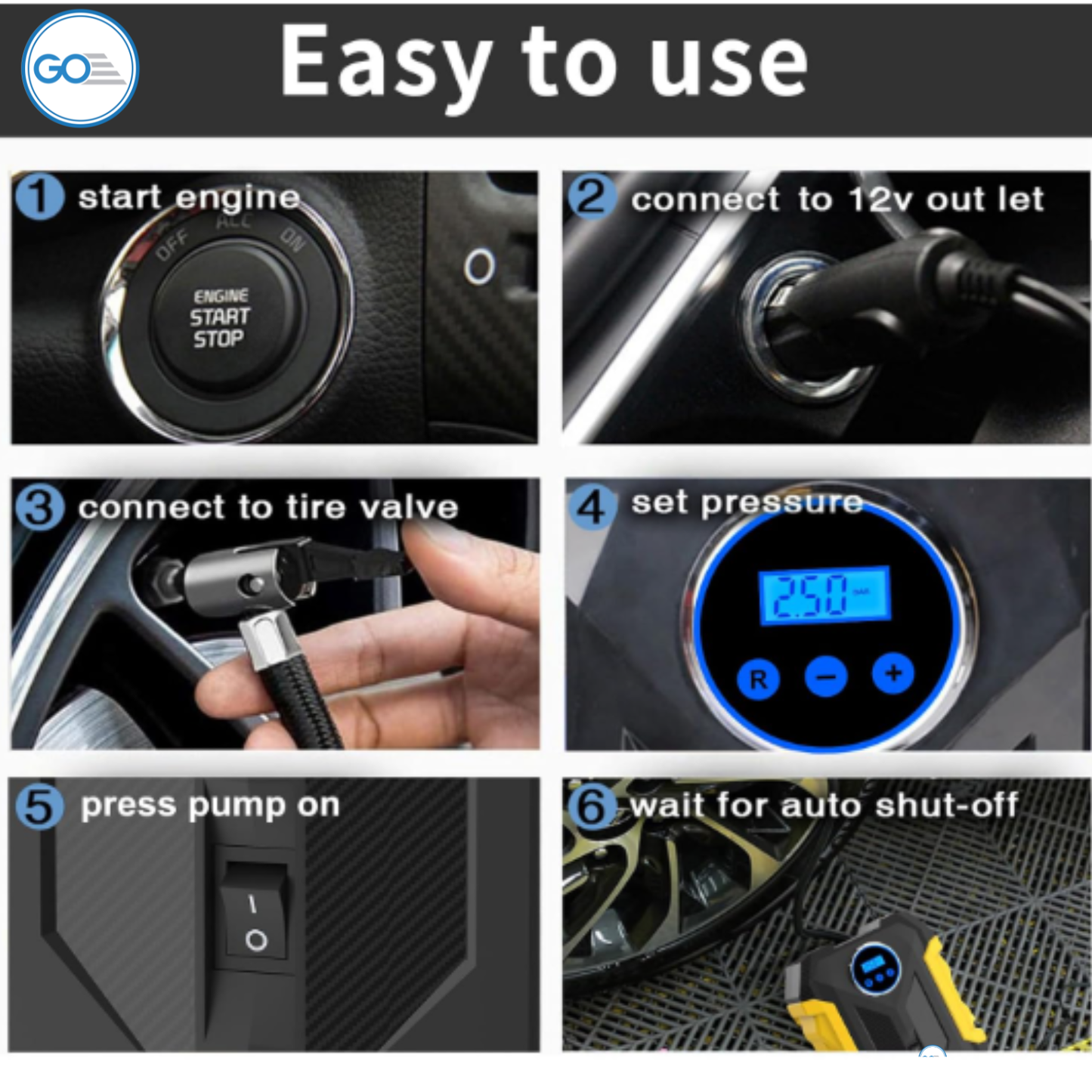 GO Tyre Inflator 150 PSI Portable Air Compressor for Car | 12V DC, 120W, Digital Pressure Gauge, LED Light