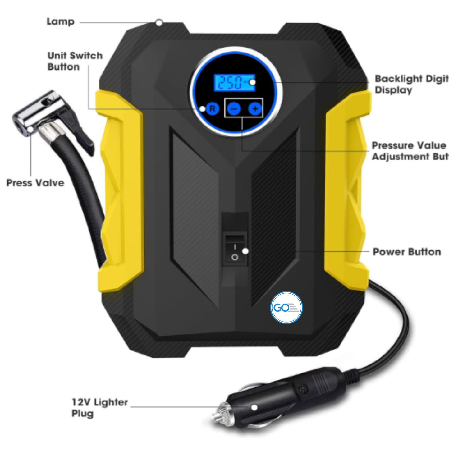 GO Tyre Inflator 150 PSI Portable Air Compressor for Car | 12V DC, 120W, Digital Pressure Gauge, LED Light
