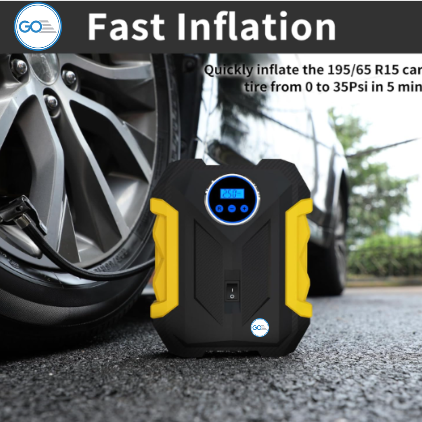 GO Tyre Inflator 150 PSI Portable Air Compressor for Car | 12V DC, 120W, Digital Pressure Gauge, LED Light