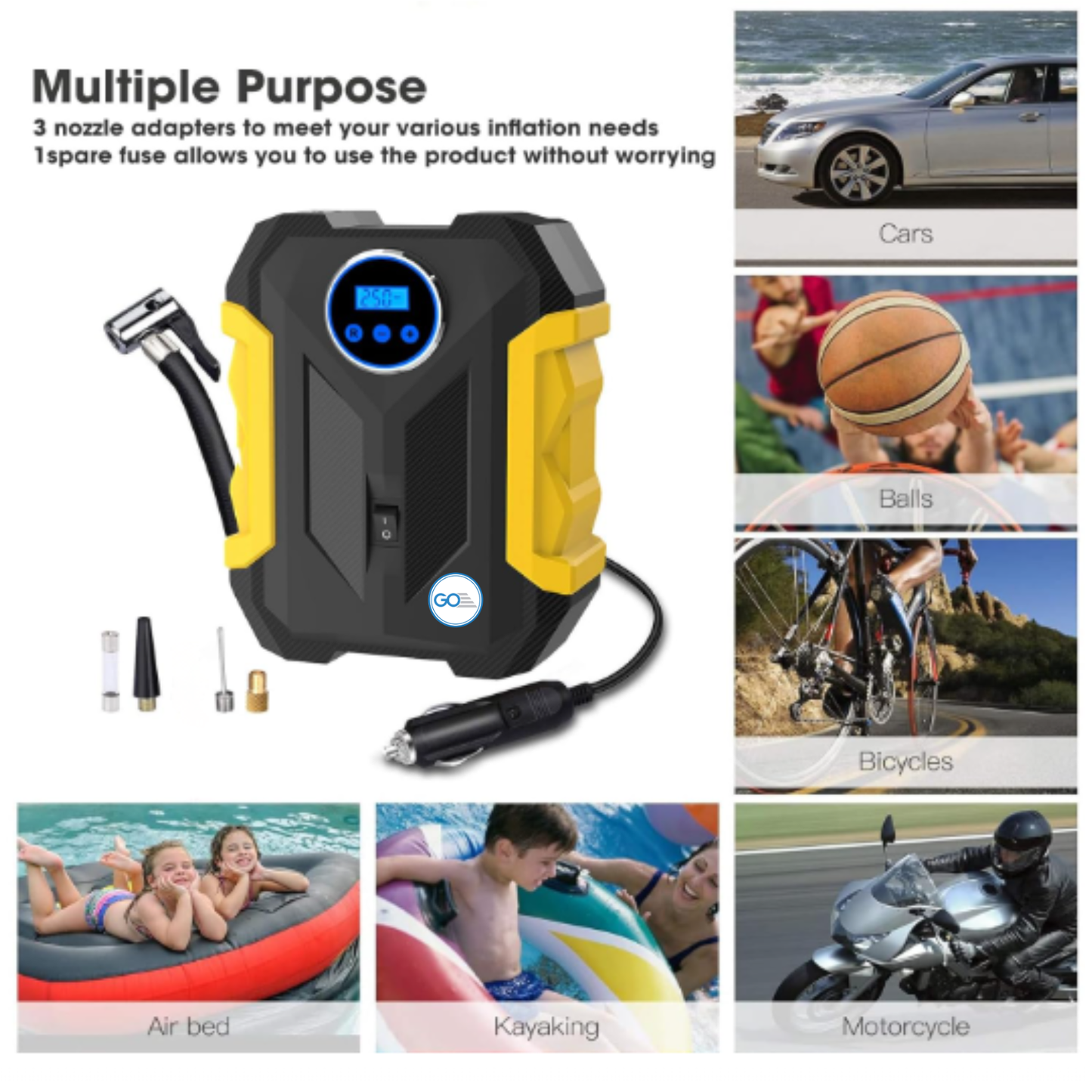 GO Tyre Inflator 150 PSI Portable Air Compressor for Car | 12V DC, 120W, Digital Pressure Gauge, LED Light